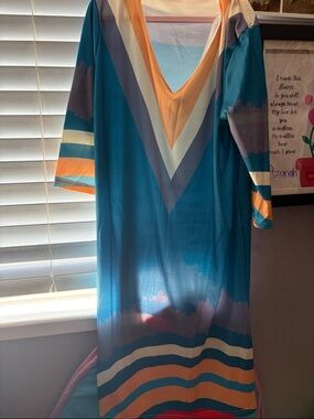 Teal and Coral V-Neck Striped Midi Dress